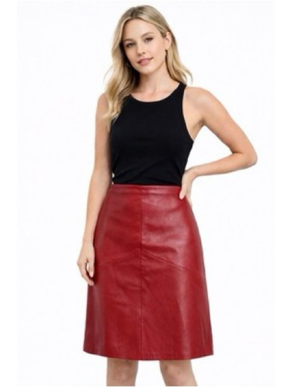Vintage Late 1990s–Early 2000s Caché Red Leather A-Line Skirt Hoilday Christmas